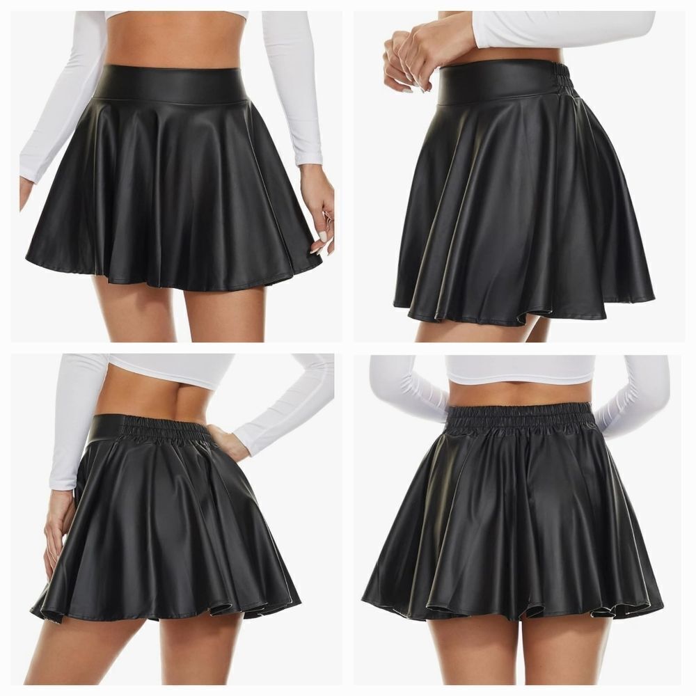 🔹️Black Faux Leather Skater Mini Skirt Medium - Picture 11 of 12